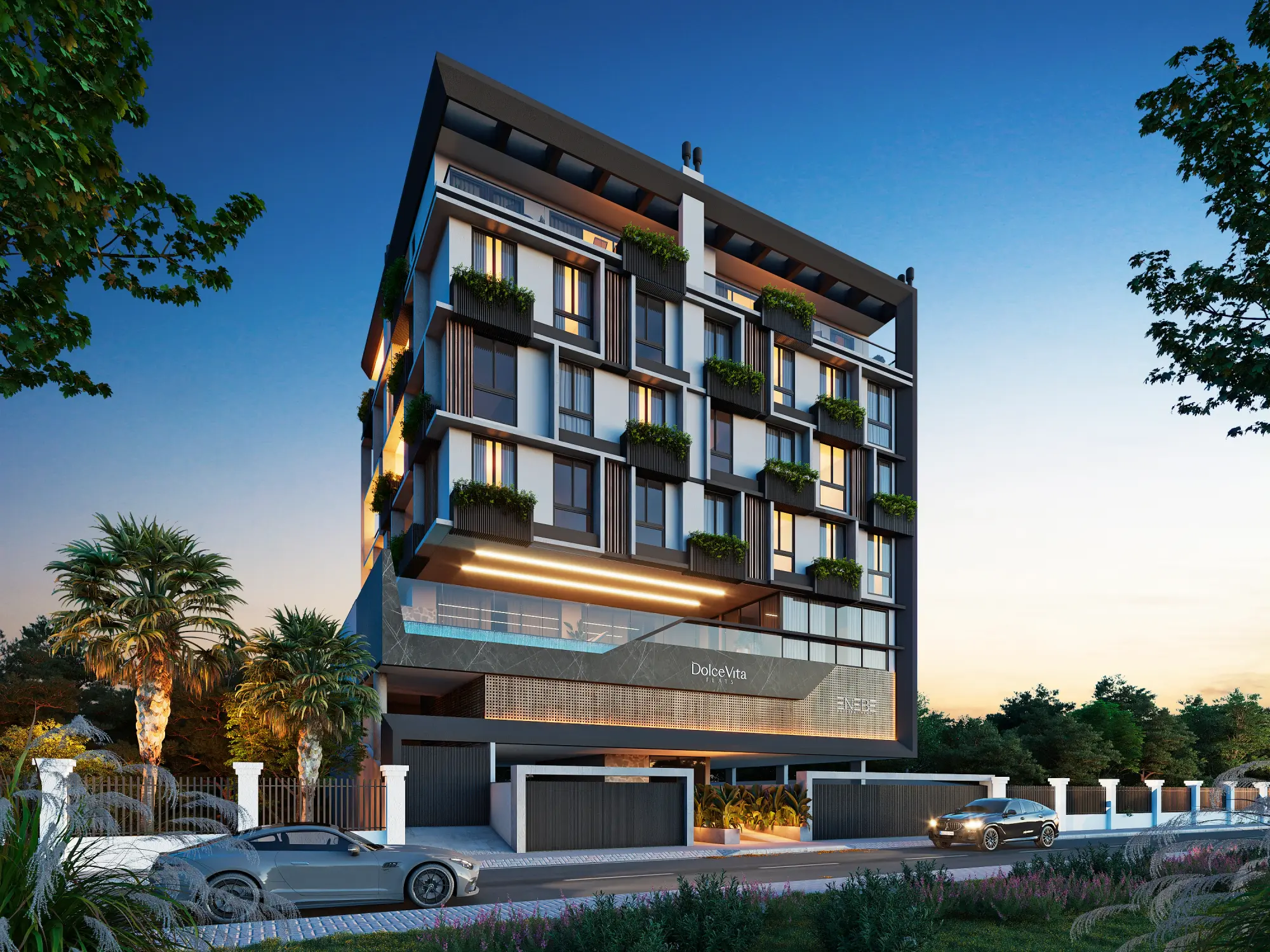Fachada contemporânea do Dolce Vita Flats com brises de madeira e jardineiras