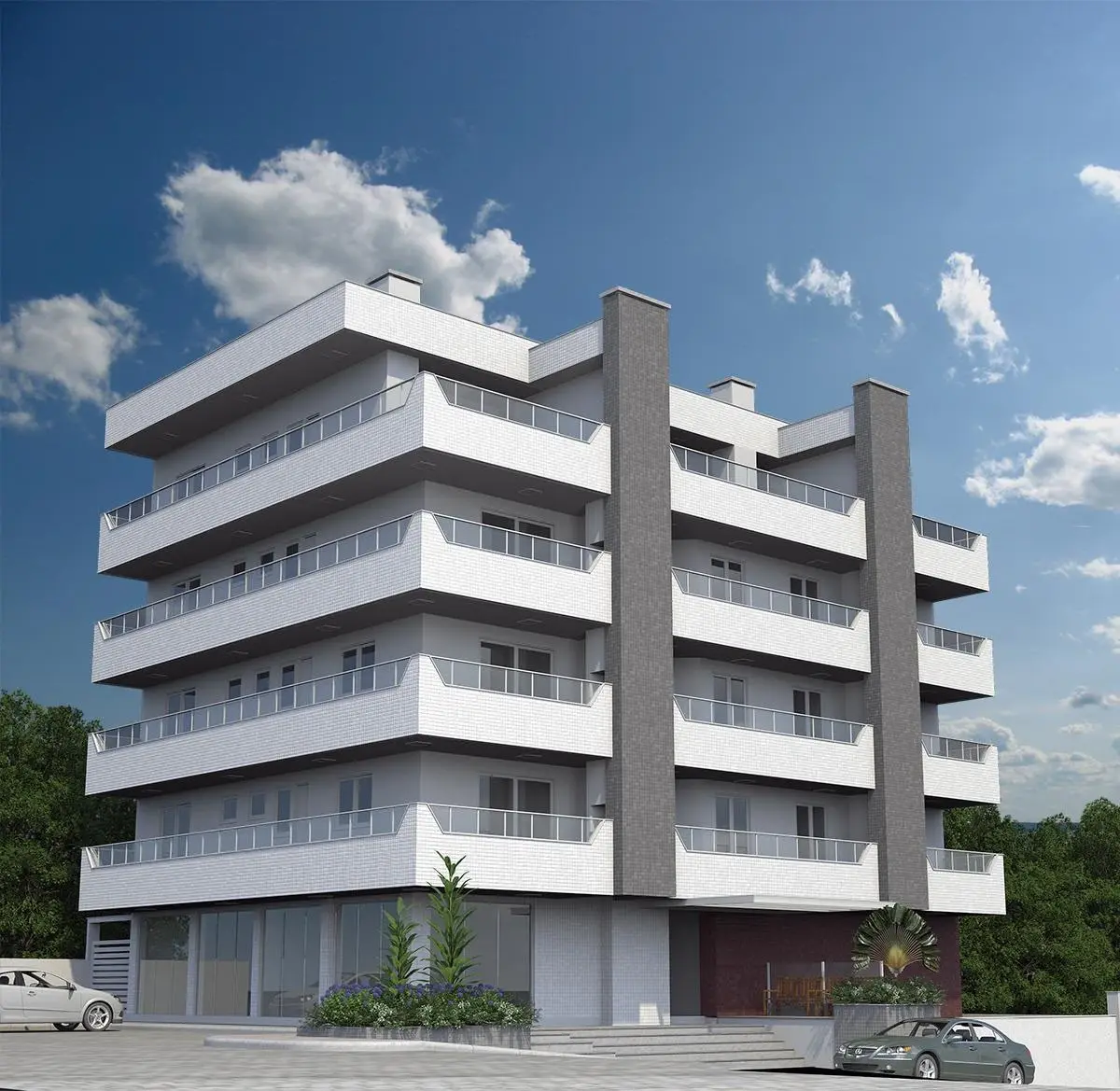Residencial Laura, edifício branco com sacadas de vidro, em Bombas